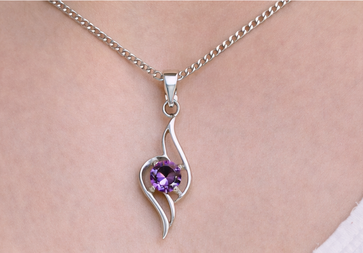 Gyary Silver Purple Crystal Swirl Necklace – Elegant Teardrop Twist Pendant