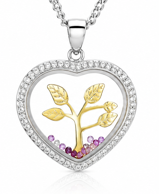 Gyary Heart Tree of Life Pendant Necklace – Silver & Gold Floating Charm with Crystal Halo
