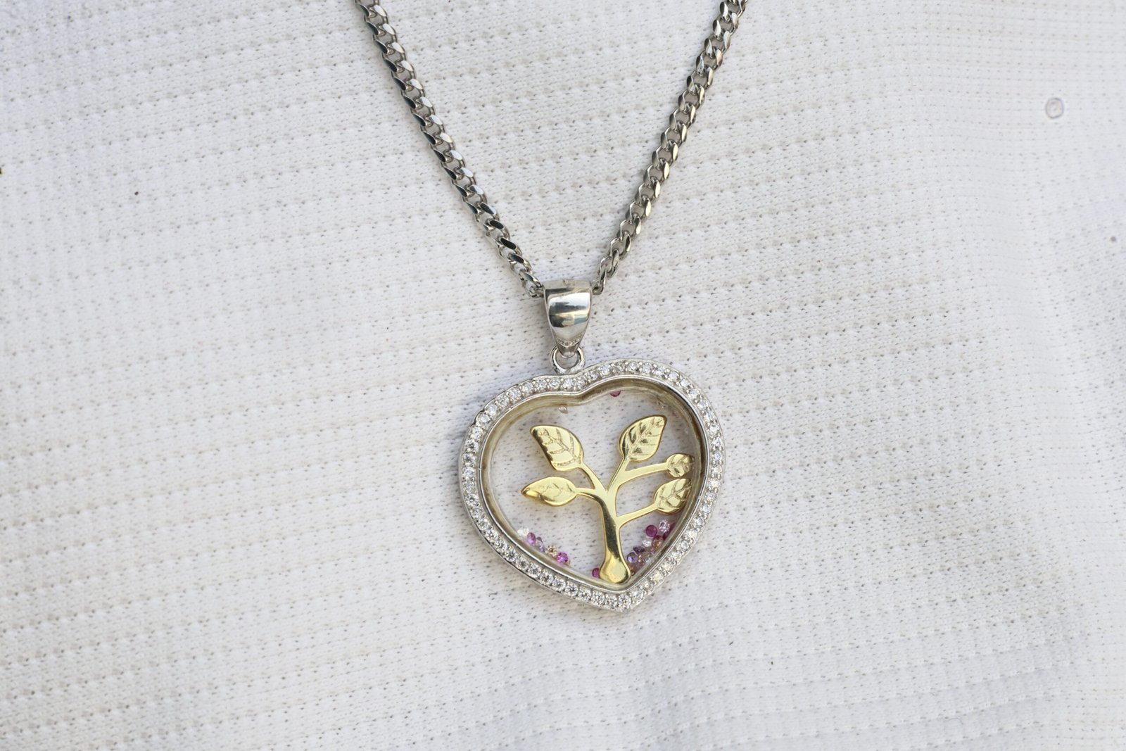 Gyary Heart Tree of Life Pendant Necklace – Silver & Gold Floating Charm with Crystal Halo