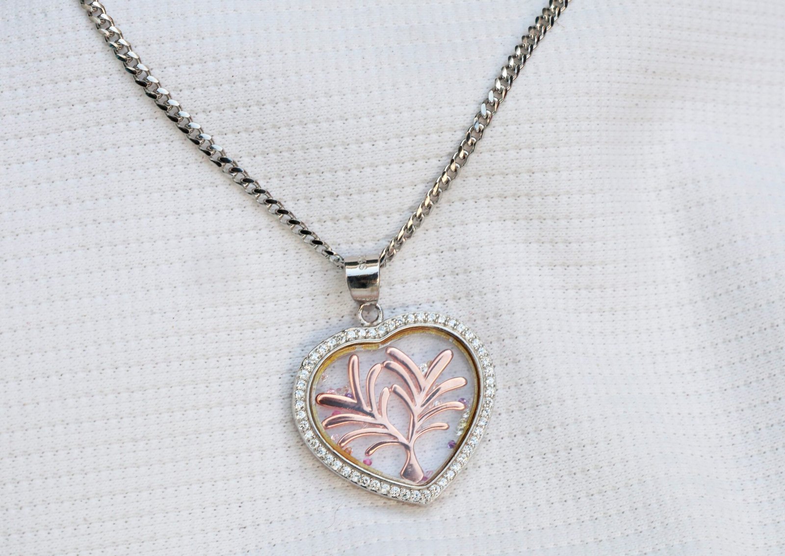 Gyary Rose Gold Heart Tree of Life Pendant Necklace – Silver Crystal Halo with Floating Stones