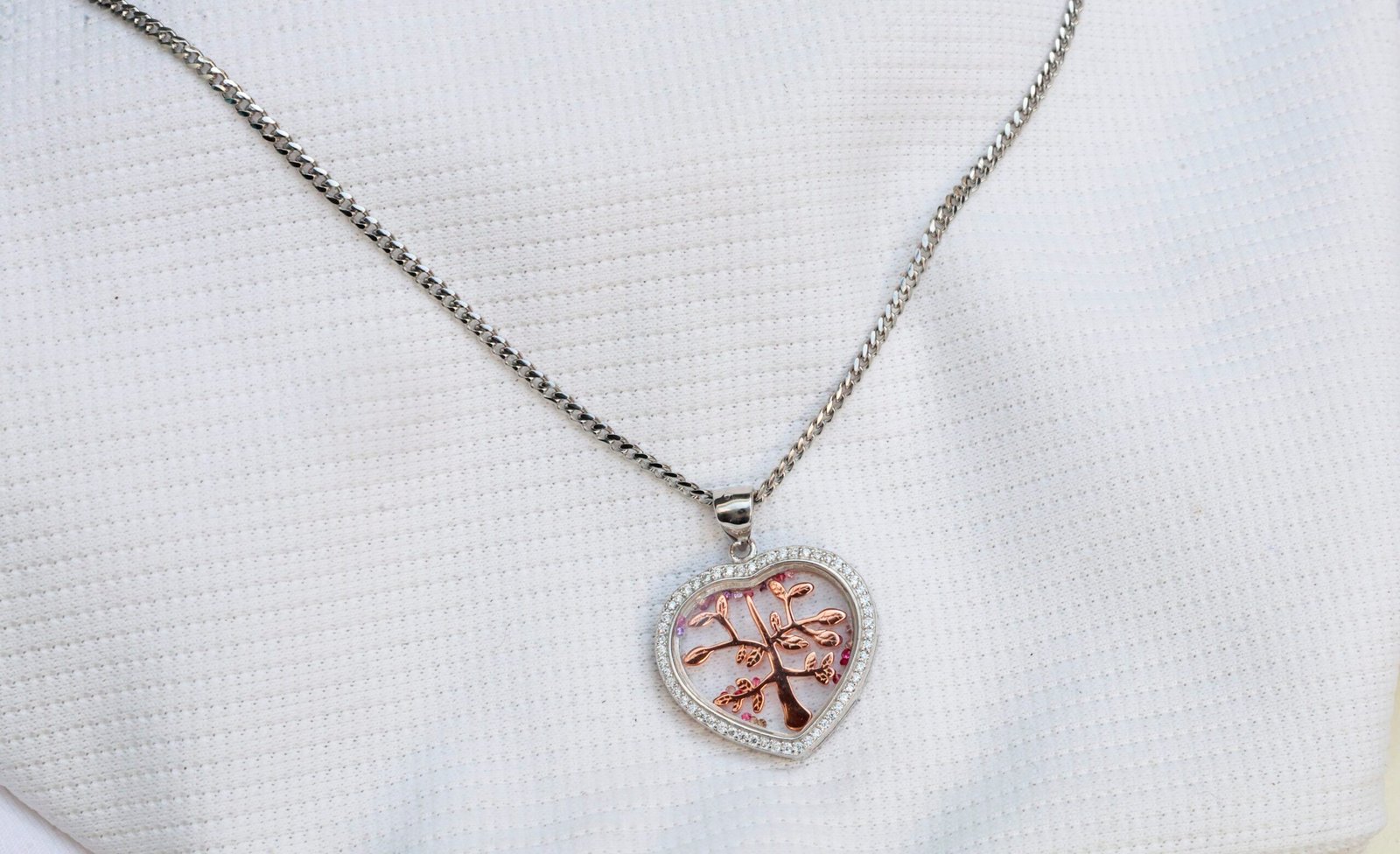 Gyary Rose Gold Blossom Tree of Life Heart Pendant Necklace – Silver Crystal Frame with Floating Gems