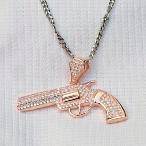 Gyary Rose Gold Revolver Pendant Necklace – Pavé Crystal Pistol Charm