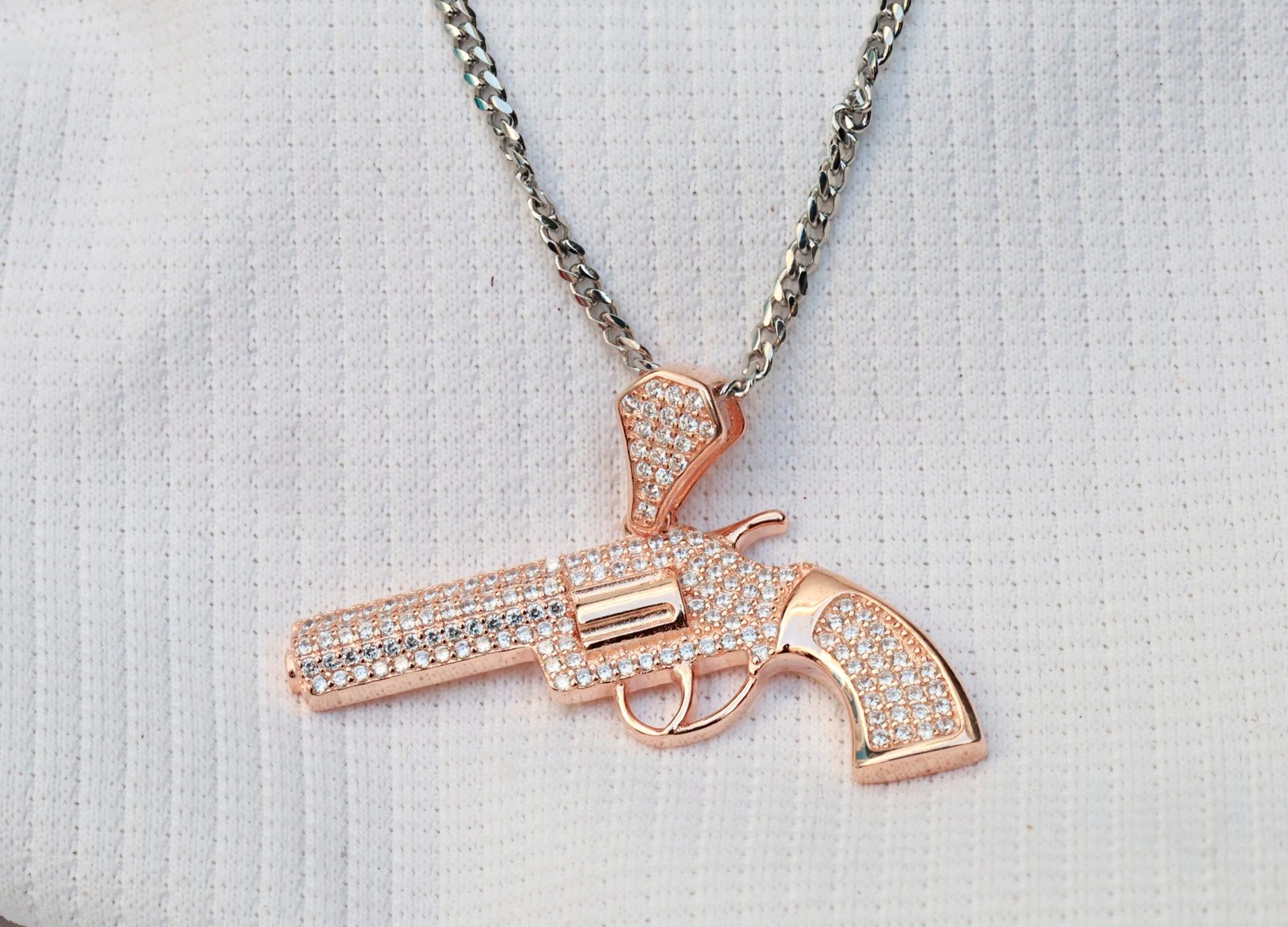 Gyary Rose Gold Revolver Pendant Necklace – Pavé Crystal Pistol Charm