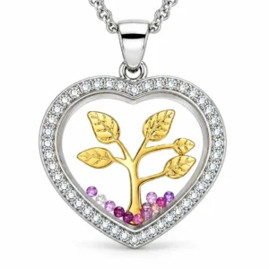 Gyary Heart Tree of Life Pendant Necklace – Silver & Gold Floating Charm with Crystal Halo