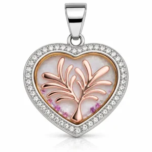 Gyary Rose Gold Heart Tree of Life Pendant Necklace – Silver Crystal Halo with Floating Stones