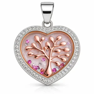 Gyary Rose Gold Blossom Tree of Life Heart Pendant Necklace – Silver Crystal Frame with Floating Gems