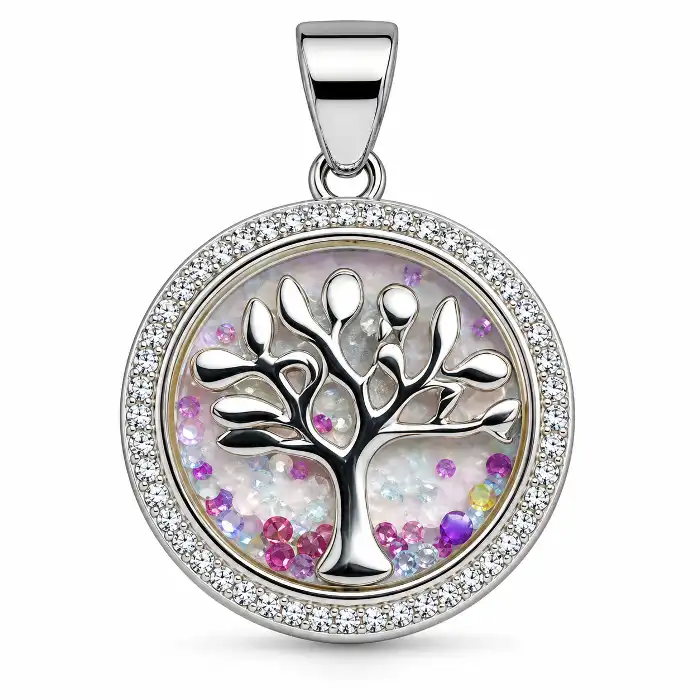 Gyary Silver Round Tree of Life Pendant Necklace – Crystal Halo Floating Charm with Multicolor Stones