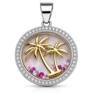 Gyary Gold Palm Tree Round Pendant Necklace – Silver Crystal Halo with Floating Stones