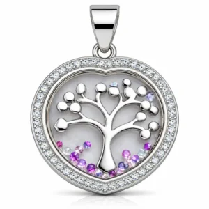Gyary Silver Heart Tree of Life Pendant Necklace – Crystal Edge Floating Charm with Multicolor Stones
