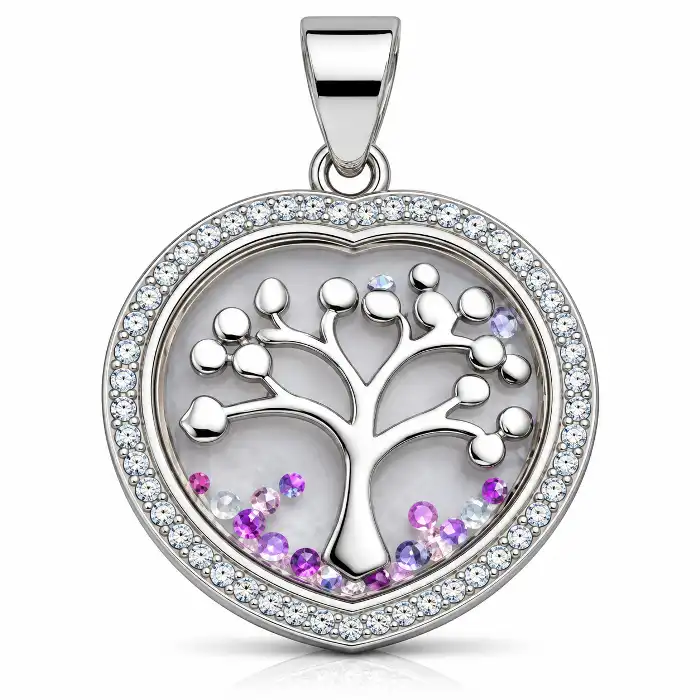 Gyary Silver Heart Tree of Life Pendant Necklace – Crystal Edge Floating Charm with Multicolor Stones