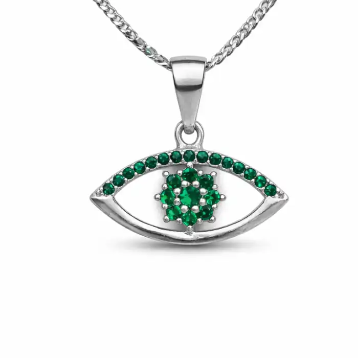 Gyary Green Evil Eye Pendant Necklace – Silver Eye Charm with Emerald Cubic Zirconia Crystals