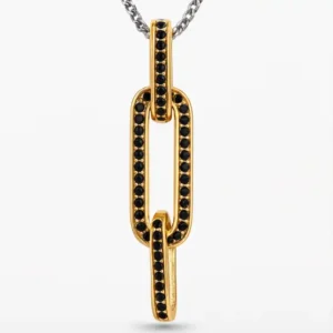Gyary Gold Link Pendant – Black Crystal Paperclip Charm with Pavé Stones