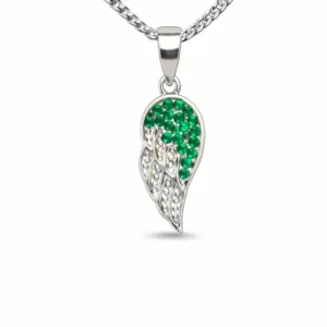 Gyary Green Angel Wing Pendant Necklace – Silver Wing Charm with Emerald Cubic Zirconia