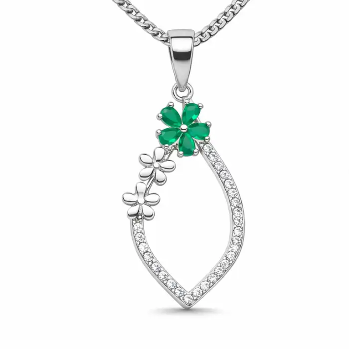 Gyary Green Floral Teardrop Pendant Necklace – Silver Open Drop with Crystal Accents