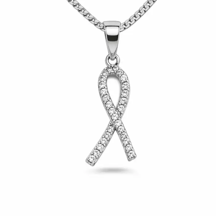 Gyary Silver Awareness Ribbon Pendant Necklace – Crystal Pavé Ribbon Charm