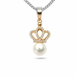 Gyary Gold Crown Pearl Pendant Necklace – Crystal Crown Charm with White Pearl Drop
