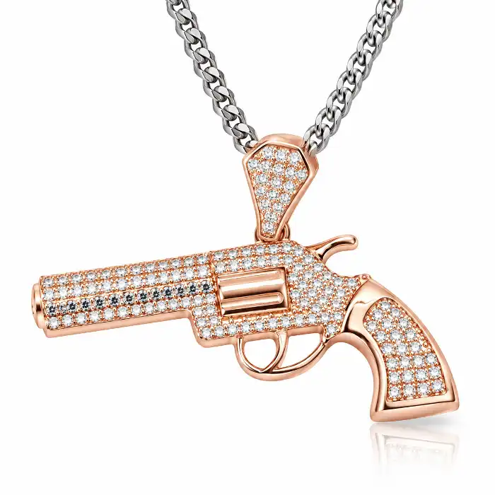 Gyary Rose Gold Revolver Pendant Necklace – Pavé Crystal Pistol Charm