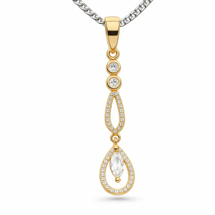 Gyary Gold Double Teardrop Pendant – Marquise Crystal Drop Charm with Pavé Stones