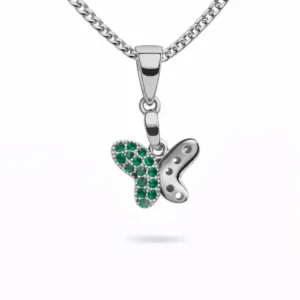 Gyary Silver Butterfly Pendant – Green Crystal Pavé Charm Necklace