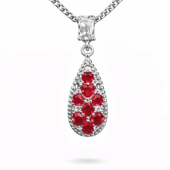 Gyary Silver Red Teardrop Crystal Necklace – Ruby-Inspired Floral Drop Pendant