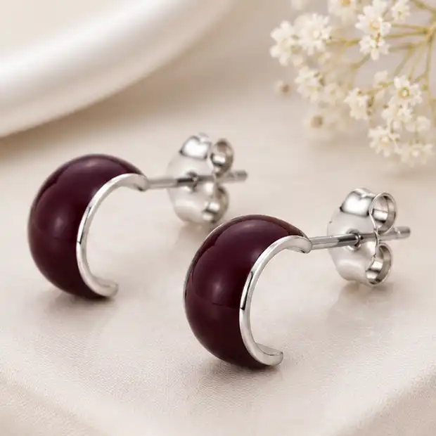 Gyary Burgundy Crescent Stud Earrings