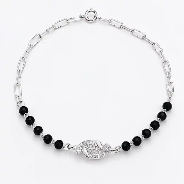 Gyary 925 Sterling Silver Black Beaded Leaf Bracelet