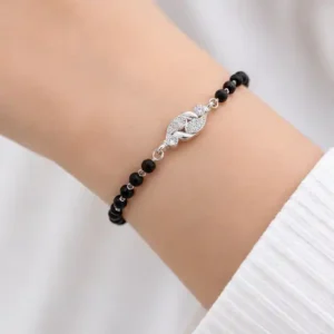 Gyary 925 Sterling Silver Black Beaded Leaf Bracelet