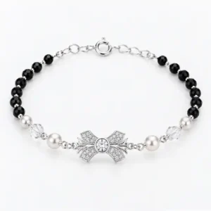 Gyary 925 Sterling Silver Black Beaded Floral Bracelet