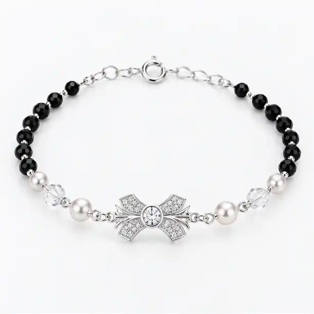 Gyary 925 Sterling Silver Black Beaded Floral Bracelet