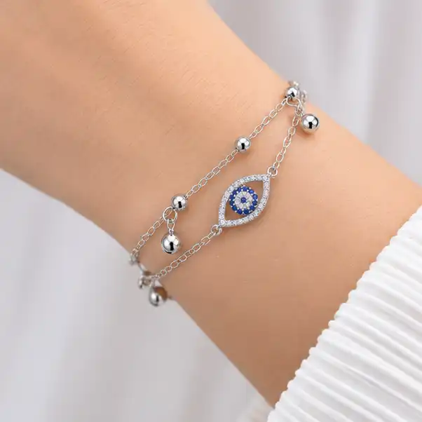 Evil Eye Double Layer 925 Sterling Silver Bracelet for Girl