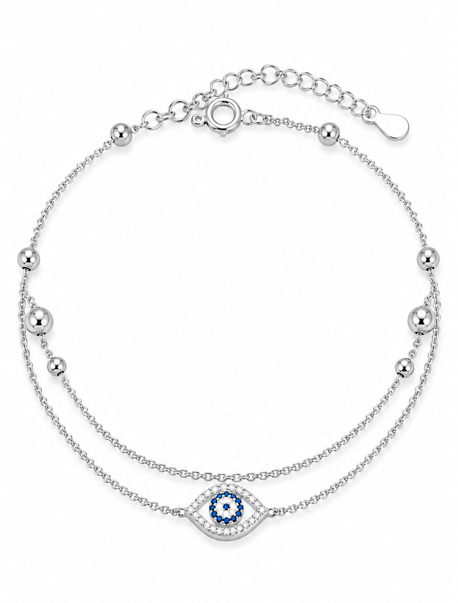 Evil Eye Double Layer 925 Sterling Silver Bracelet for Girl