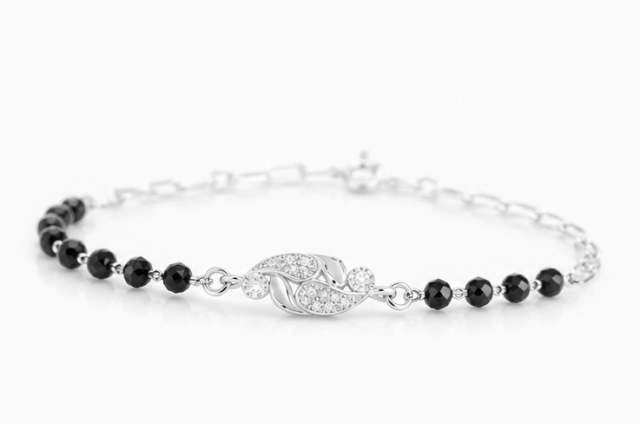 Gyary 925 Sterling Silver Black Beaded Leaf Bracelet