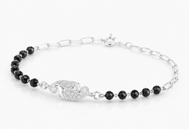 Gyary 925 Sterling Silver Black Beaded Leaf Bracelet