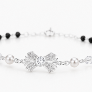 Gyary 925 Sterling Silver Black Beaded Floral Bracelet