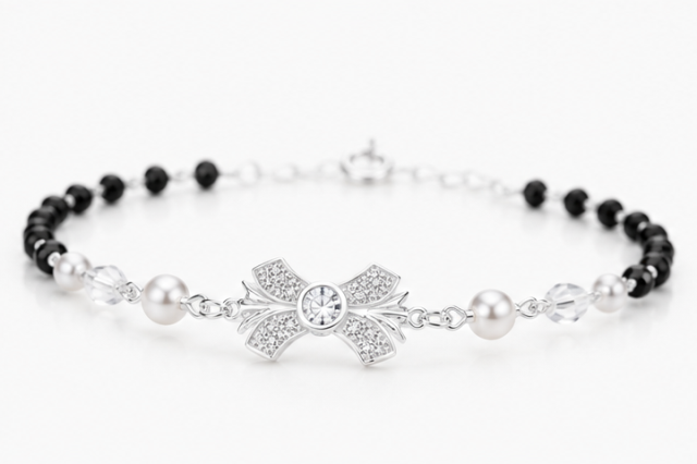Gyary 925 Sterling Silver Black Beaded Floral Bracelet