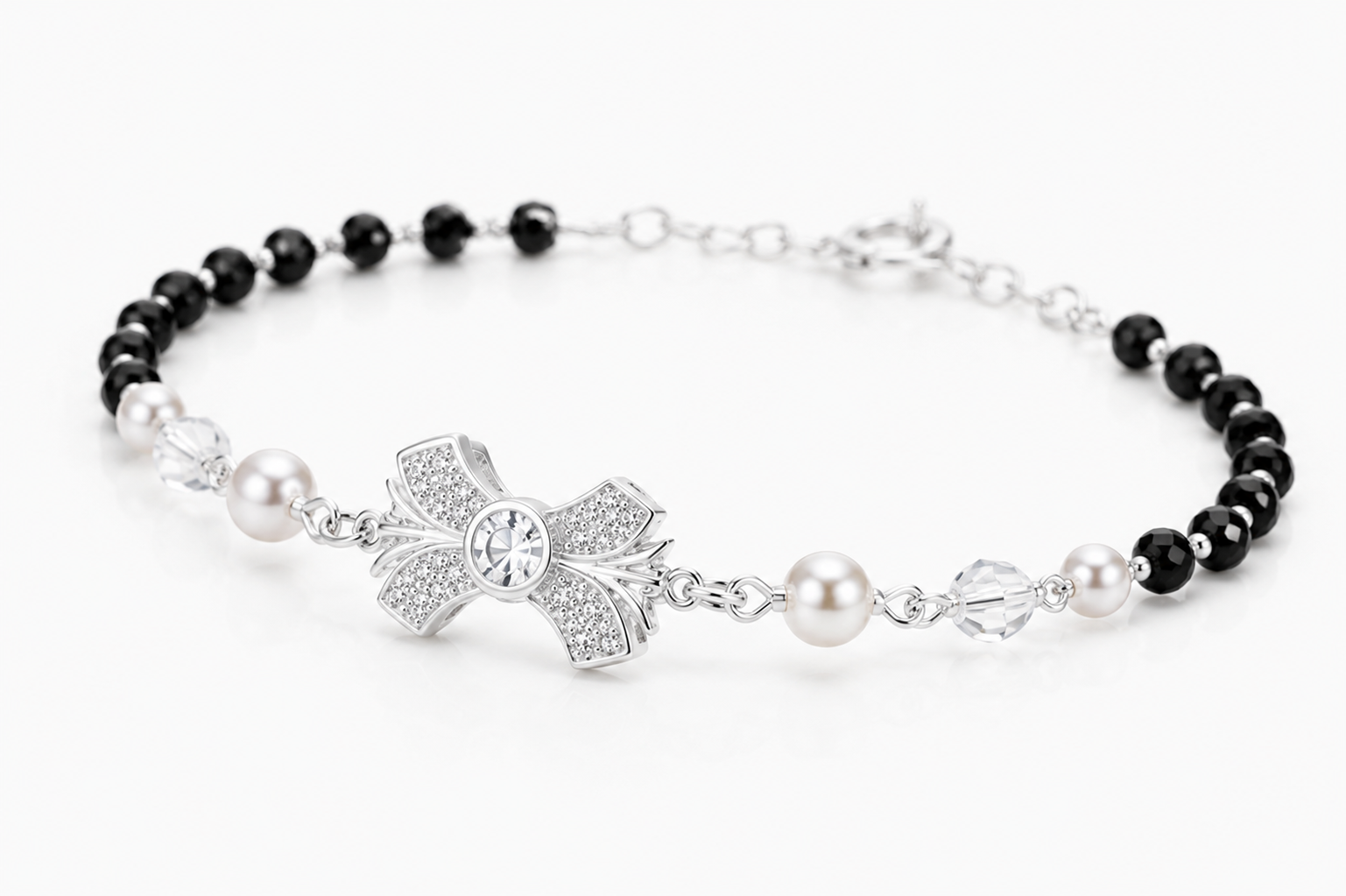 Gyary 925 Sterling Silver Black Beaded Floral Bracelet